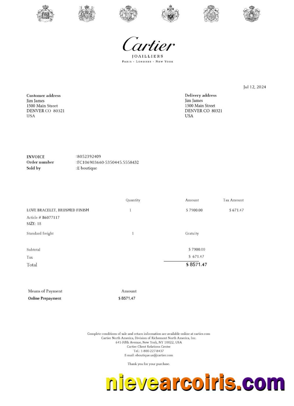 Cartier payment receipt